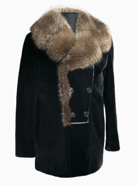 Пальто из стриженого бобра, отделка енотом и кожей